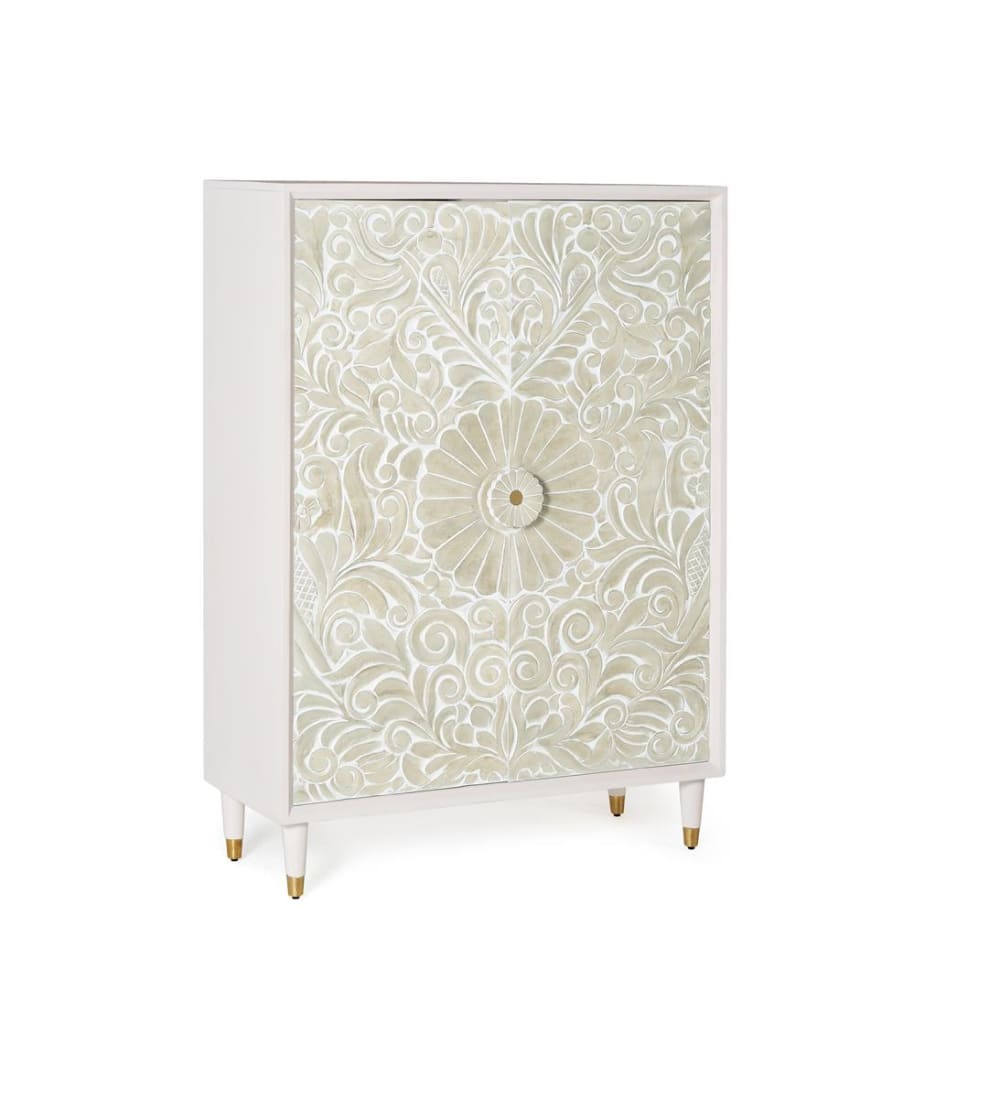 Buffet haut BALI en manguier massif blanc sculpté 100 cm avec 2 portes