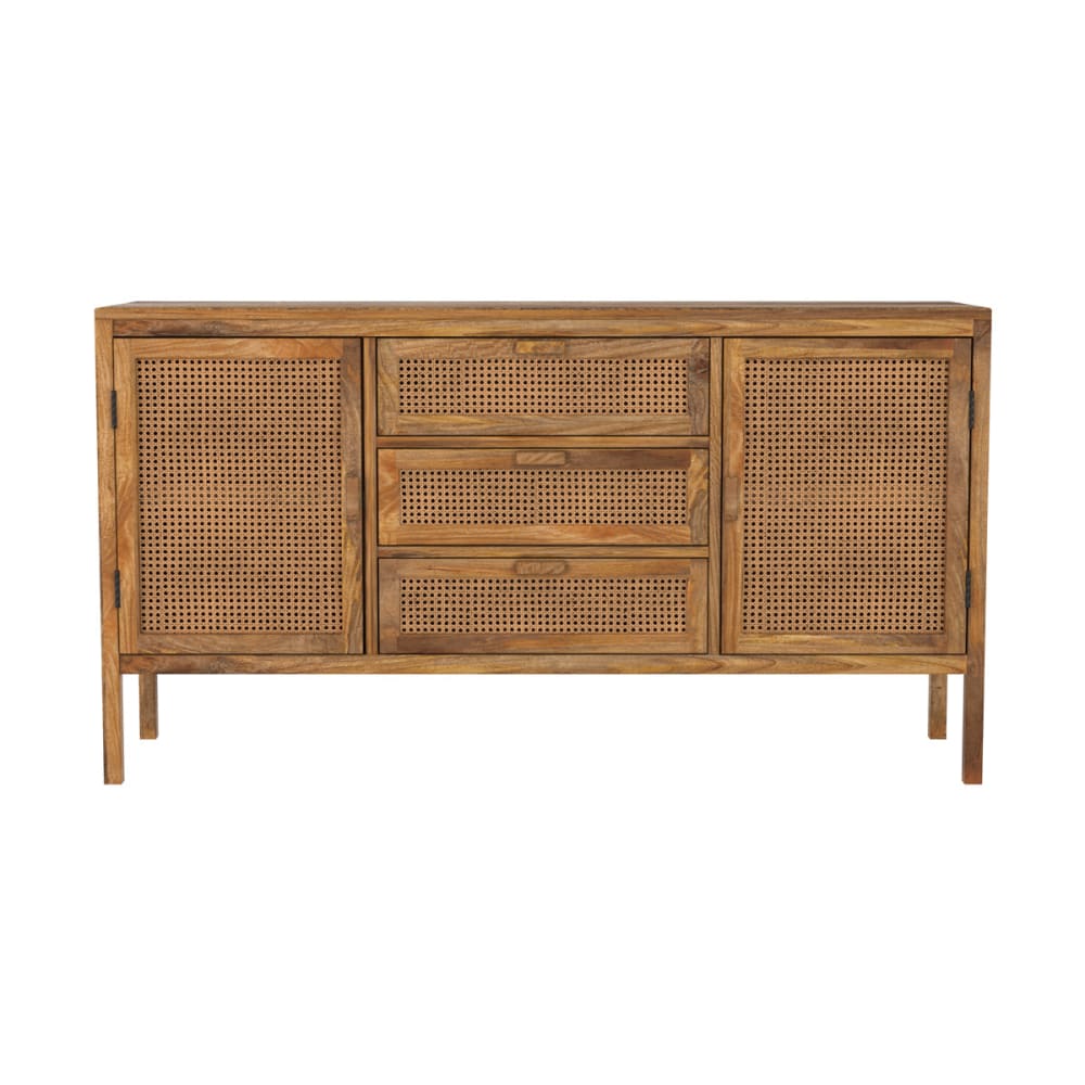 Buffet TIKI en manguier et cannage 150 cm avec 2 portes et 3 tiroirs