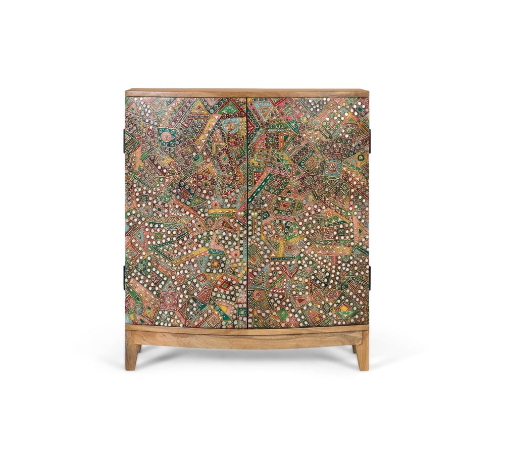 Petit buffet GINER Y COLOMER en manguier massif à décor mosaïque 66 cm