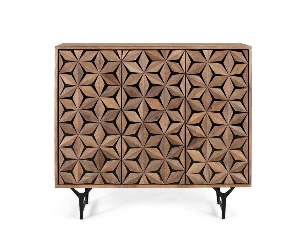 Buffet 3 portes en manguier massif sculpté main 100 cm - MYSORE
