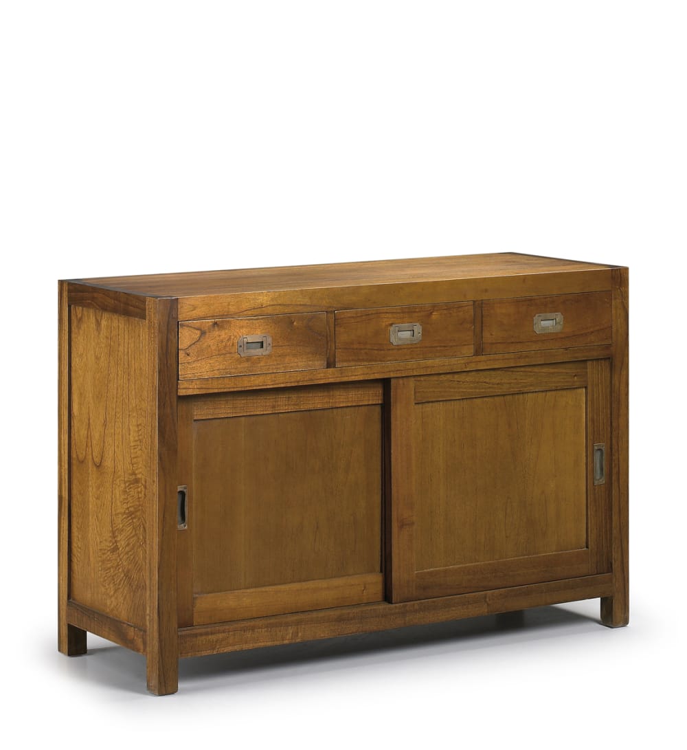 Buffet bahut STAR en bois de mindi beige 120 cm avec 3 tiroirs et 2 portes coulissantes