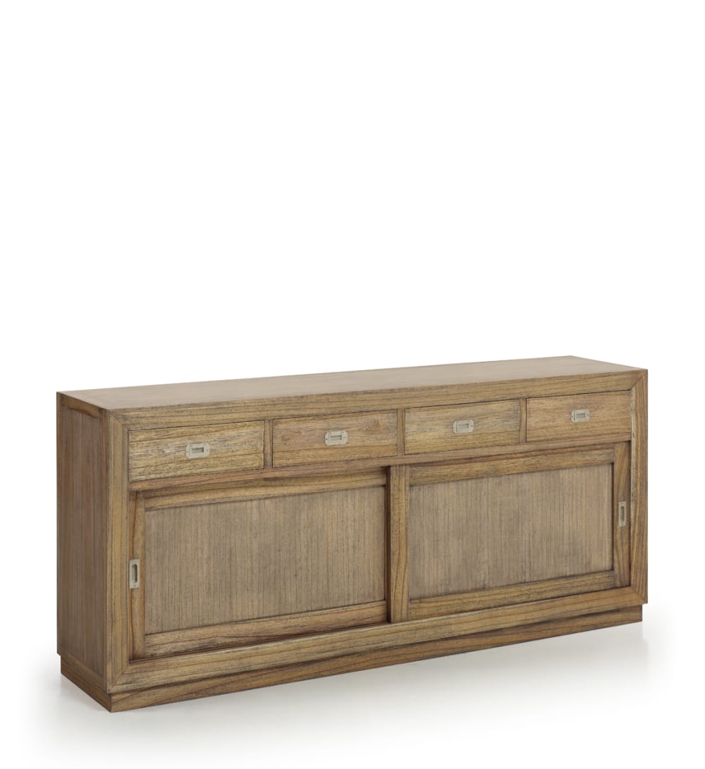 Grand buffet colonial MERAPI en bois de mindi beige 200 cm avec 4 tiroirs et 2 portes coulissantes