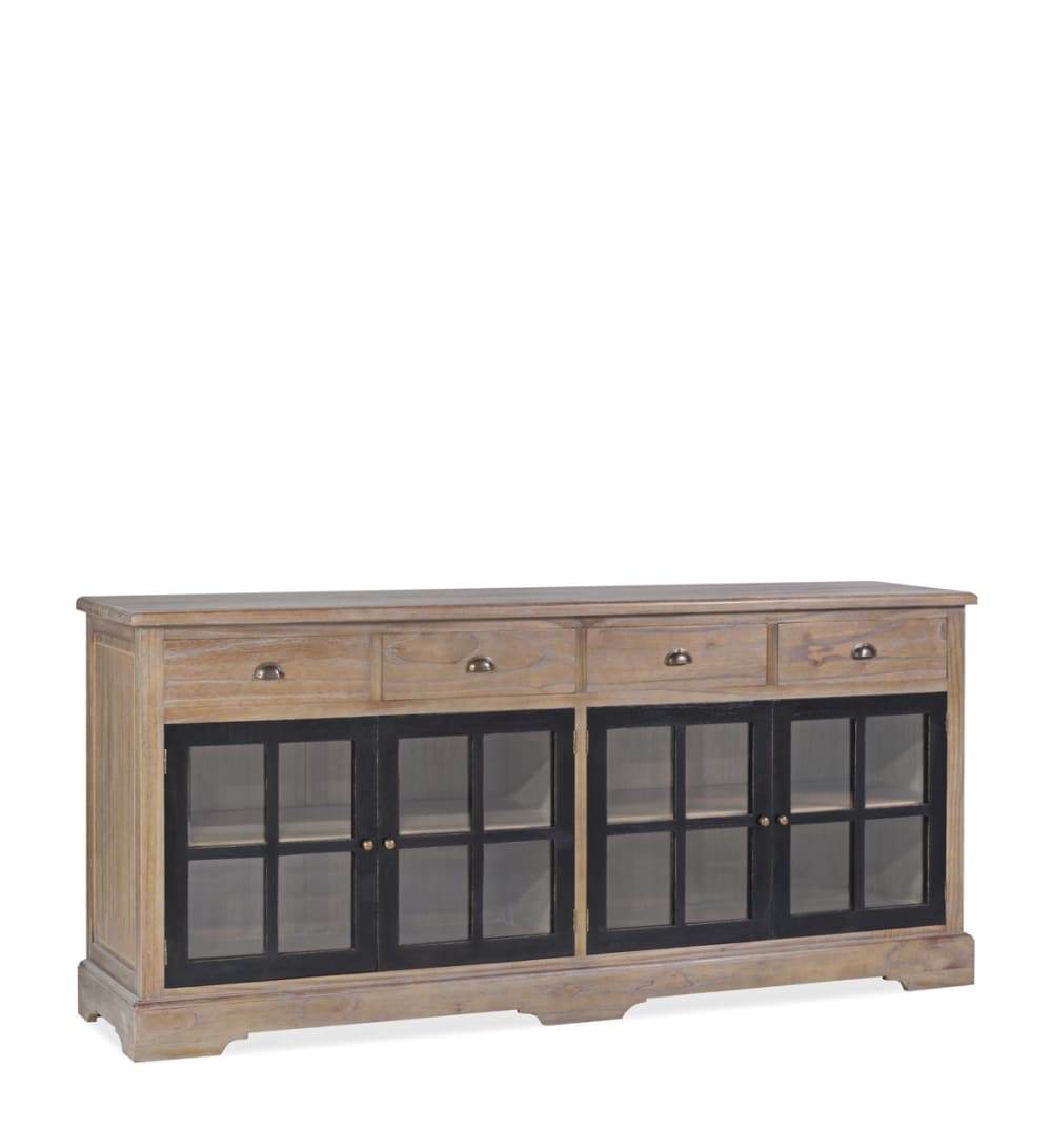 Grand buffet vitrine SIENA en mindi beige et noir 200 cm avec 4 tiroirs et 2 portes vitrées