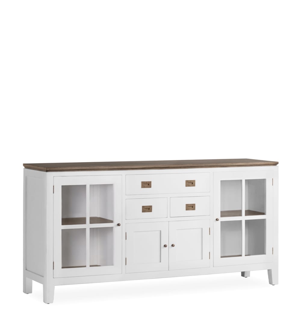 Buffet vitrine EVEREST en mindi blanc plateau bois 180 cm avec 4 portes vitrées et 3 tiroirs