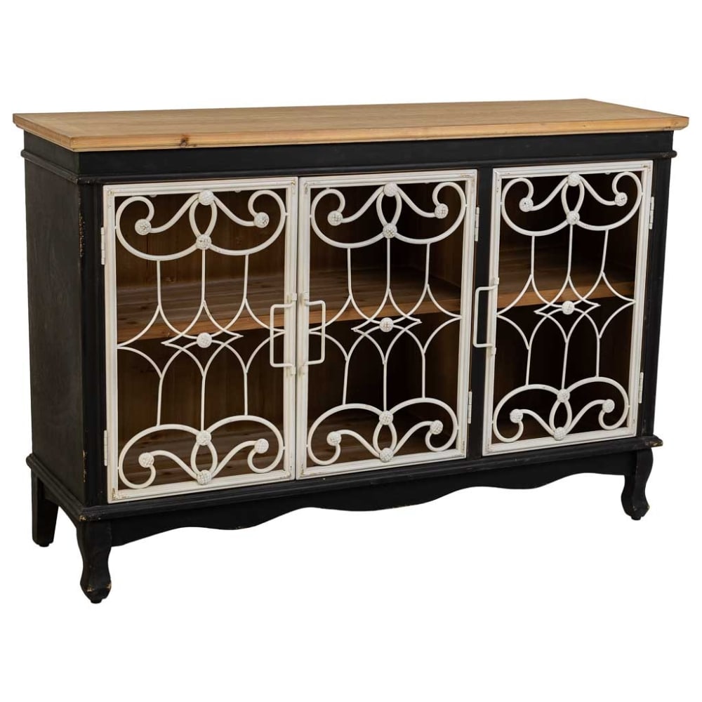 Buffet vitrine WANDERLUST DECO 3 portes en bois et métal noir 120 cm