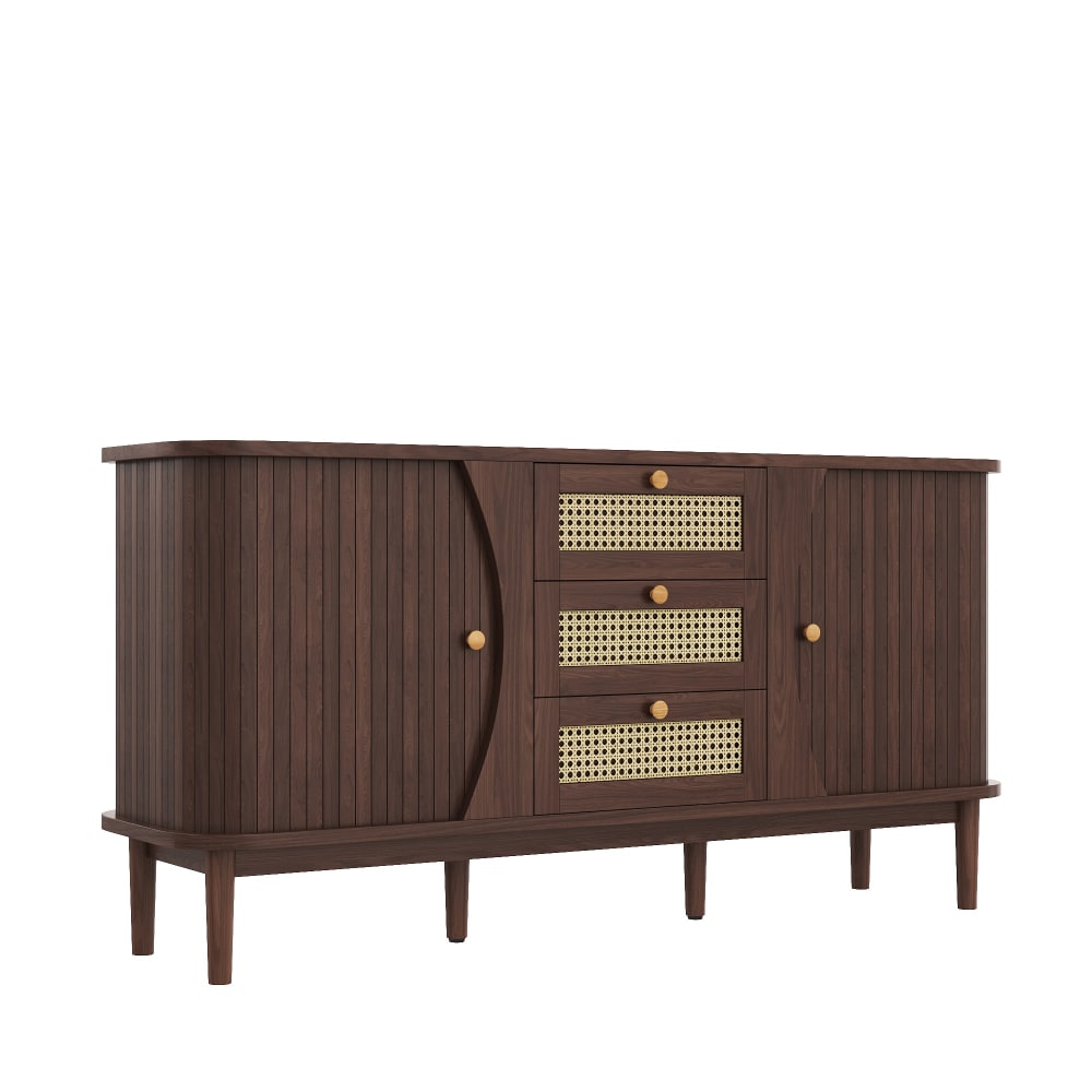 Buffet URBAN MEUBLE en bois foncé avec tiroirs en rotin et poignées dorées
