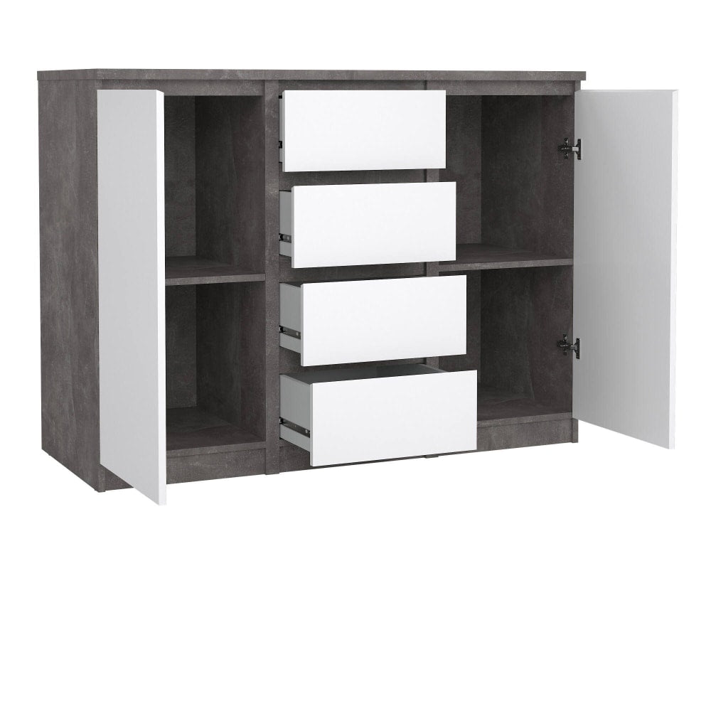 Buffet ANGELIKA blanc et gris ciment 2 portes et 4 tiroirs 121 cm