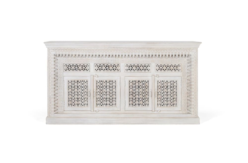 Grand buffet BHOPAL en manguier massif blanc vieilli 190 cm avec 4 portes et 4 tiroirs