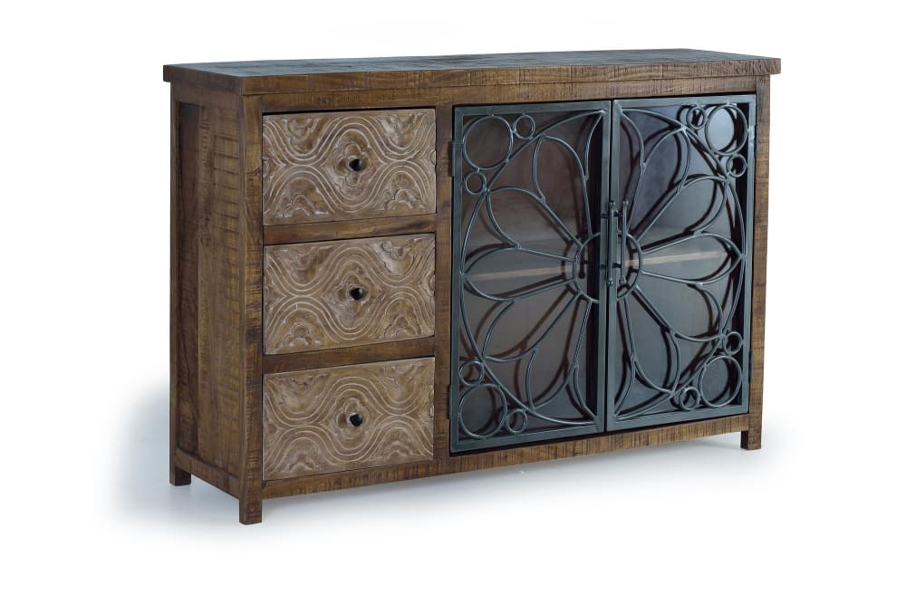 Buffet bahut BROOME en manguier marron vieilli 140 cm avec 2 portes métal et 3 tiroirs