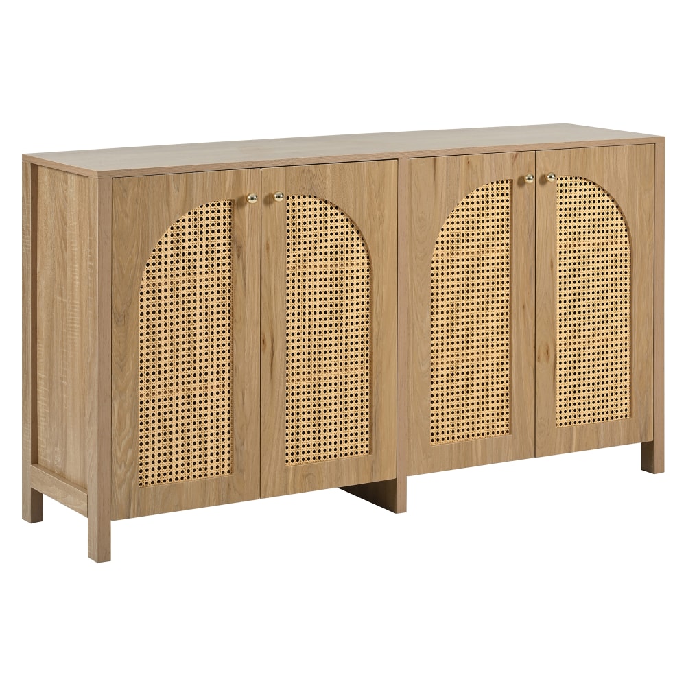 Buffet enfilade URBAN MEUBLE effet chêne clair 145 cm avec 4 portes en rotin