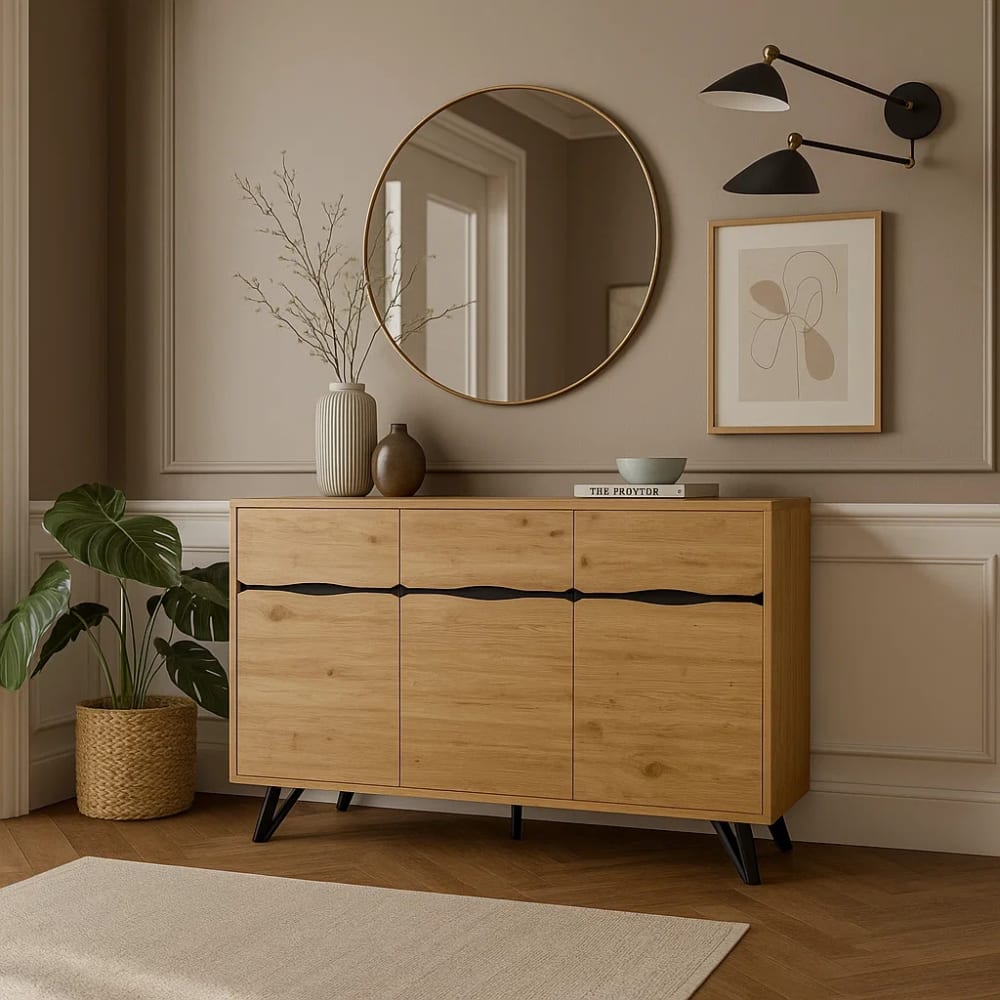 Buffet URBAN MEUBLE ouvert sur ses étagères intérieures
