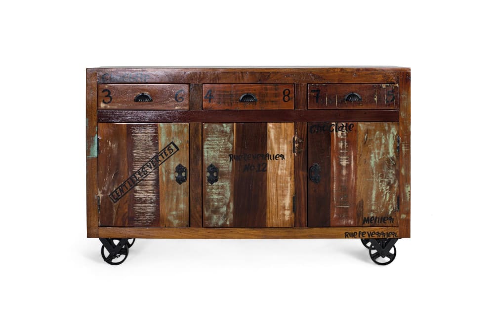 Buffet bahut VERRIER en bois recyclé multicolore 140 cm sur roues