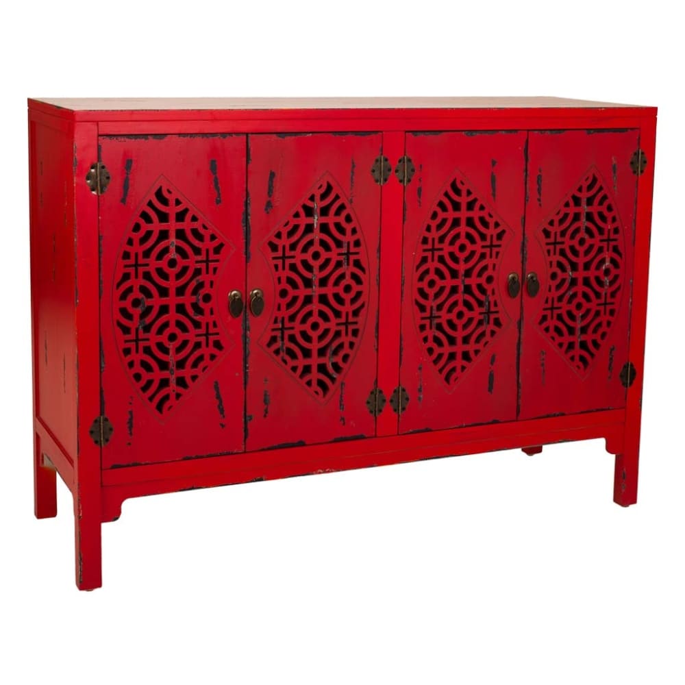 Buffet bahut MAKALU rouge vieilli 120 cm avec 4 portes ajourées