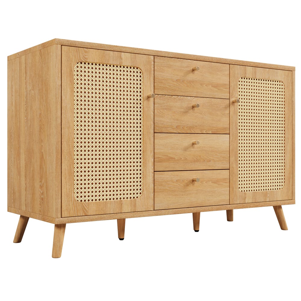 Buffet URBAN MEUBLE chêne clair et rotin 140 cm avec 4 tiroirs