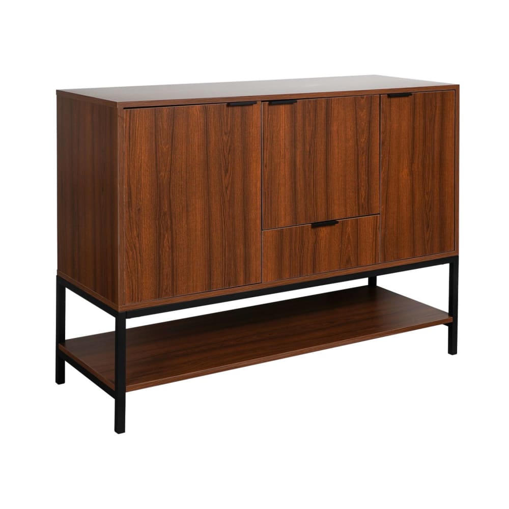 Buffet bas WALNUT décor noyer 110 cm avec 3 portes 1 tiroir et pieds métal noir