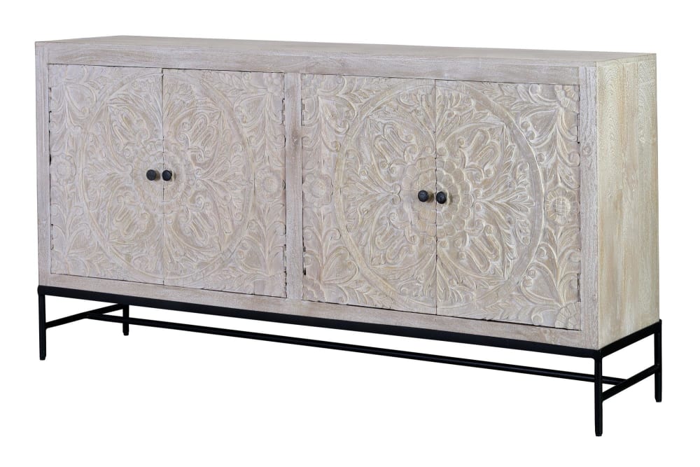 Grand buffet OPALINA 4 portes en manguier blanc vieilli 170 cm