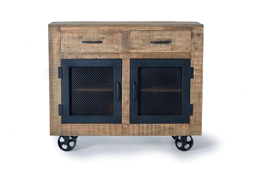 Petit buffet IRELAND en manguier et métal sur roulettes 100 cm