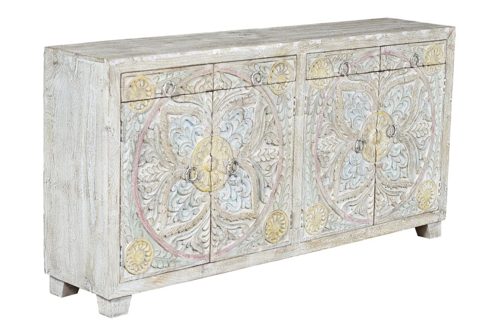 Grand buffet MELORIA en manguier sculpté motifs soleil 180 cm