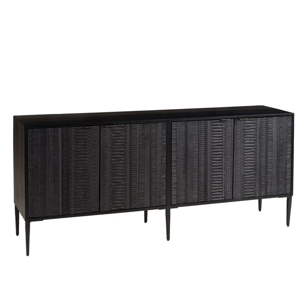 Buffet enfilade GLORIA en manguier noir 175 cm avec 4 portes sculptées et pieds métal