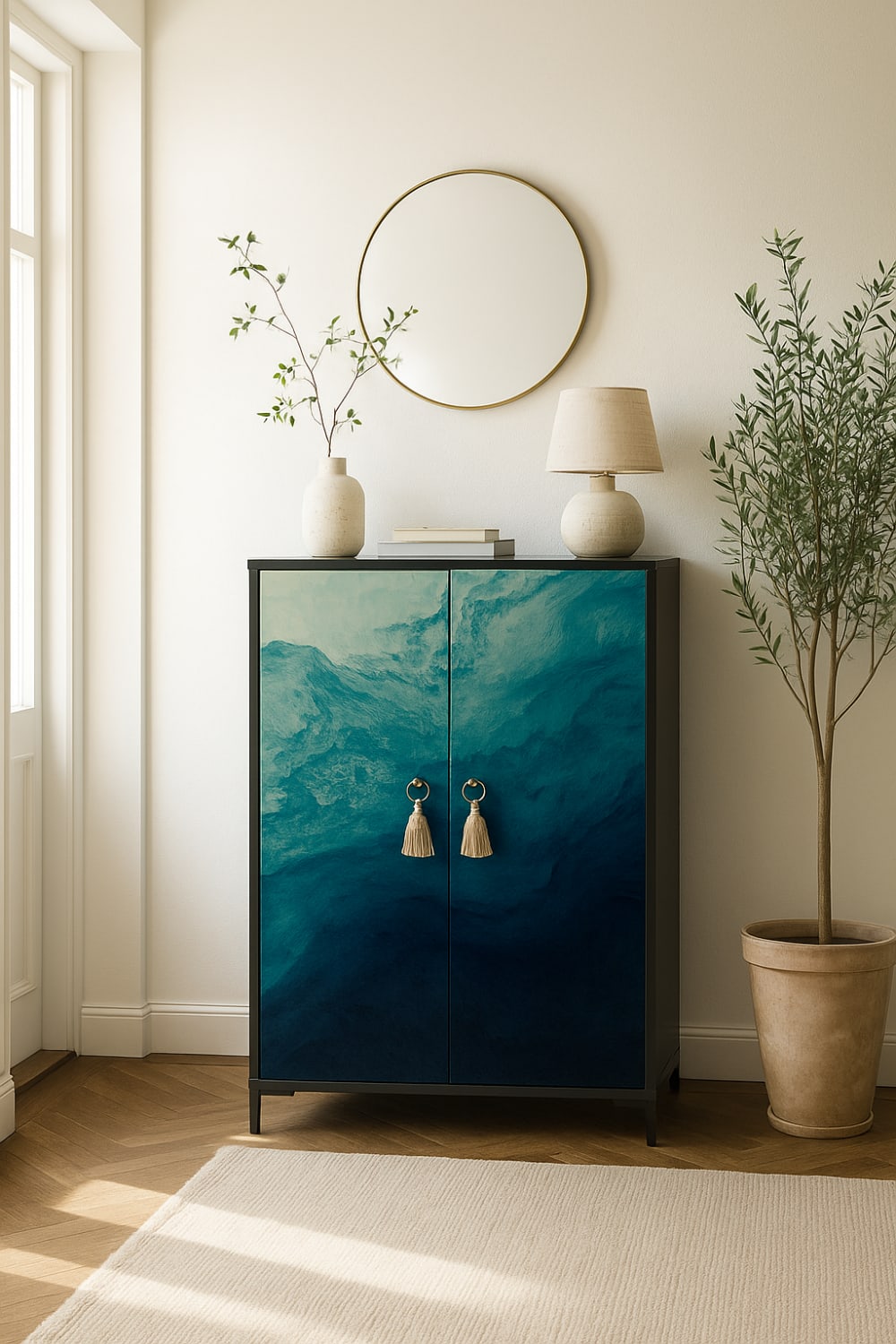 Détail du décor bleu océan du buffet WALTER