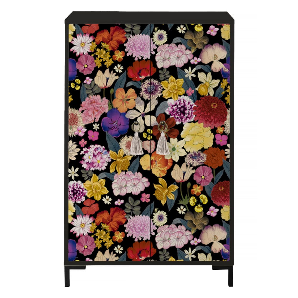 Buffet haut 2 portes noir à fleurs multicolores 75 cm - WALTER