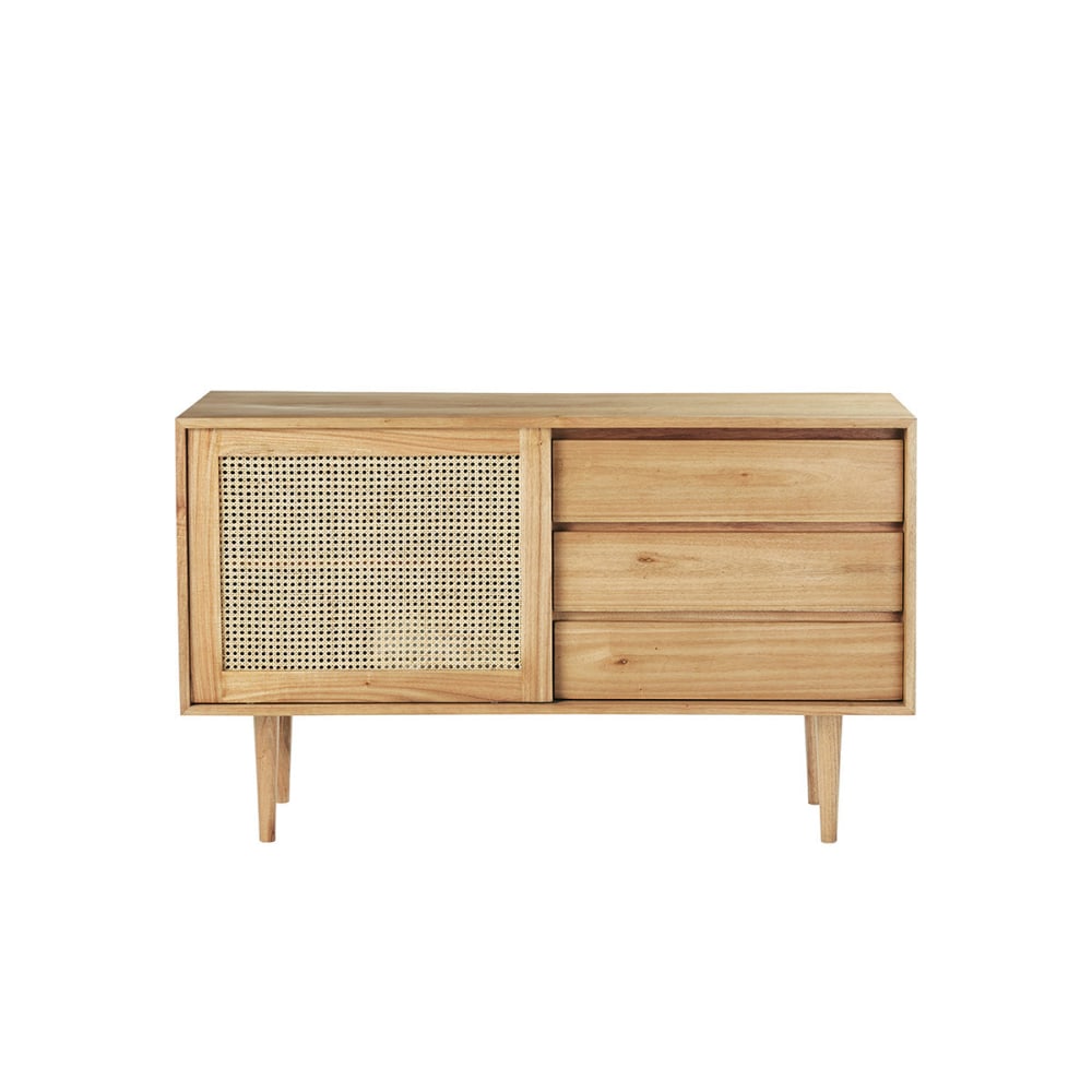 Buffet bas en mindi massif et cannage porte coulissante 135 cm - HANA