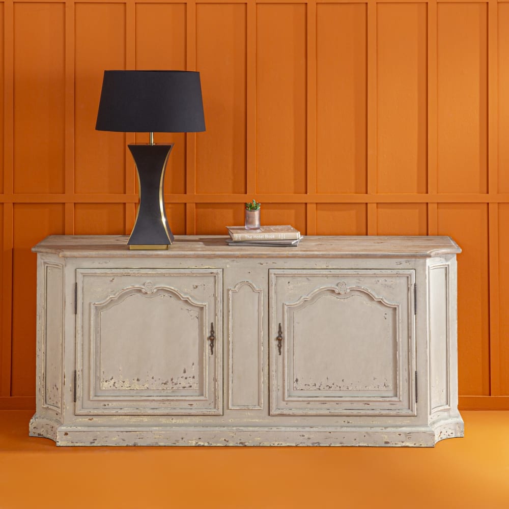 Grand buffet bahut JOSEPHINE en pin massif patiné gris 195 cm