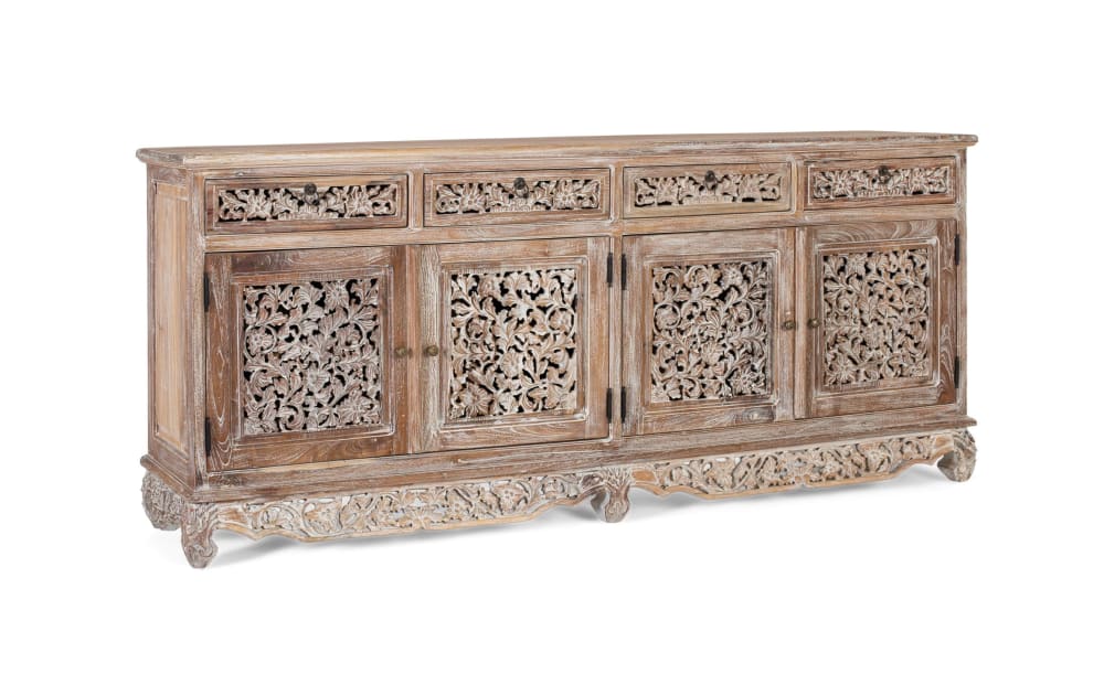 Détail des panneaux sculptés du buffet AURA