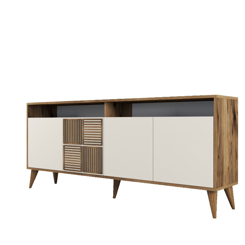 Grand buffet enfilade HABITAT & JARDIN 4 portes effet noyer et crème 180 cm
