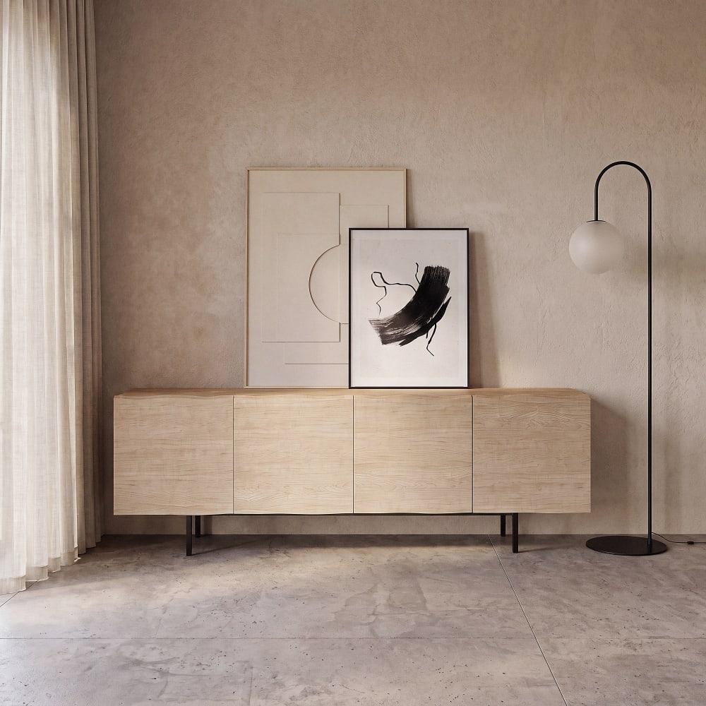 Grand buffet enfilade MAGNUS en placage chêne 220 cm avec 4 portes