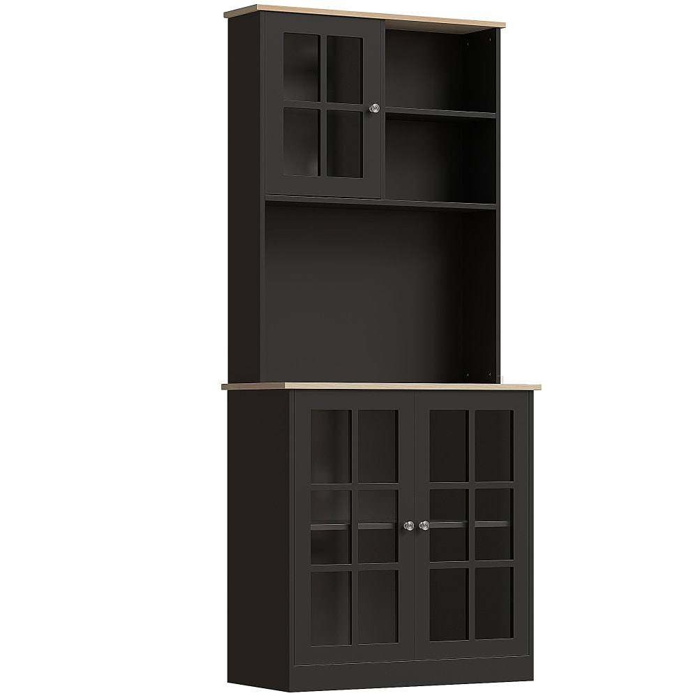 Buffet haut vitrine HOMCOM noir et chêne clair 80 cm à 3 portes