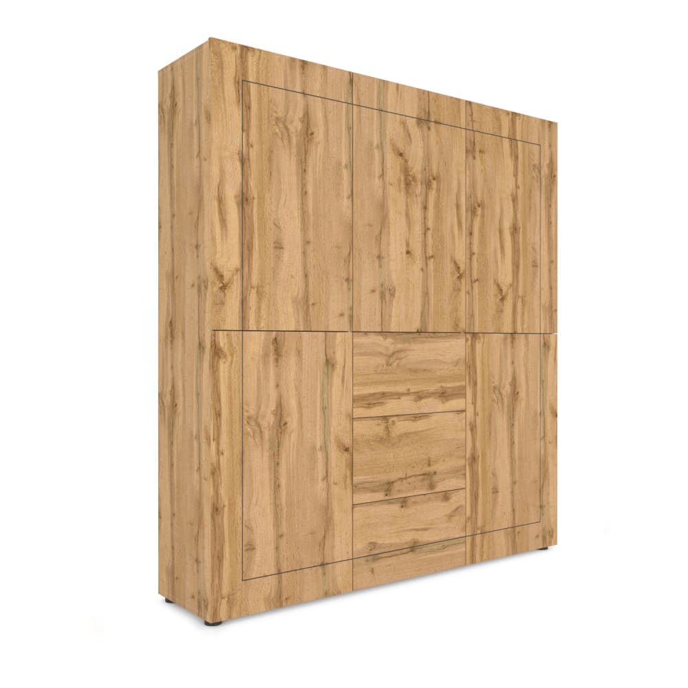 Buffet haut ELIOS effet chêne naturel 165 cm avec 5 portes et 3 tiroirs