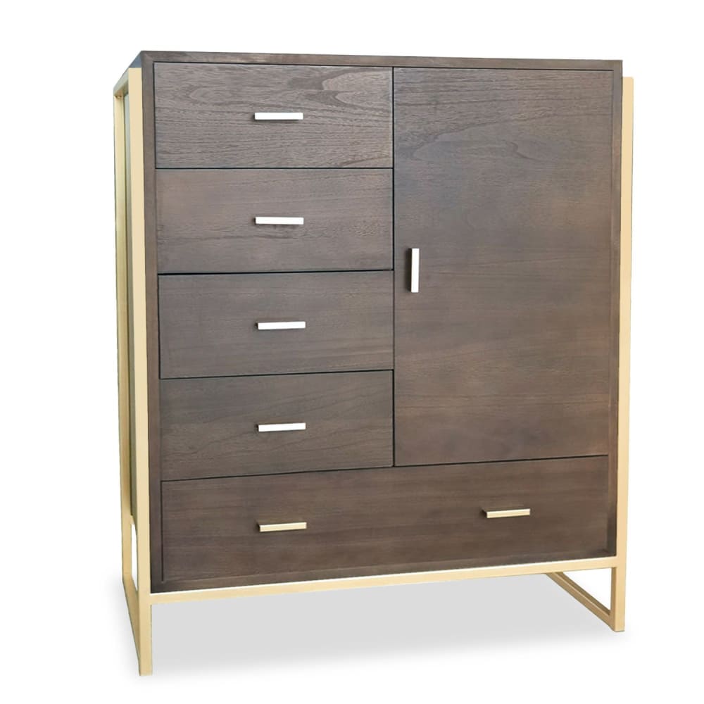 Buffet haut MENZZO bois marron et métal doré 90 cm avec 5 tiroirs