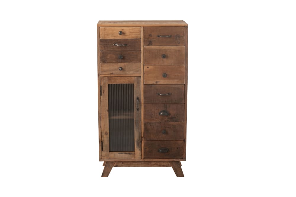 Buffet haut GABIN en bois recyclé avec 11 tiroirs et porte vitrée