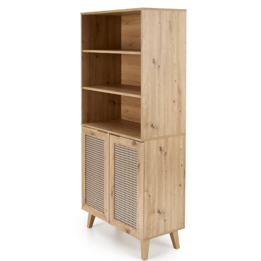 Buffet haut KINA effet chêne naturel et rotin 80 cm à 2 portes