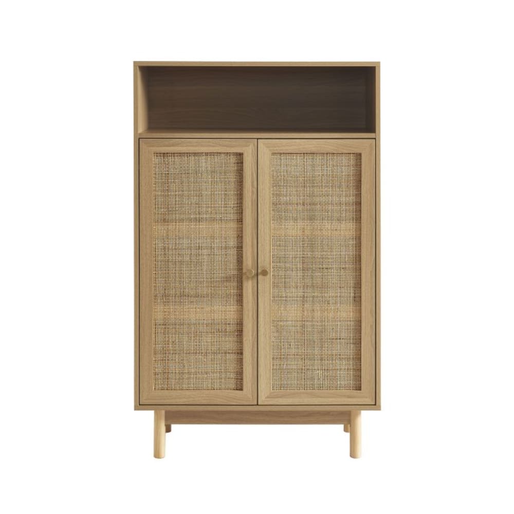 Buffet haut ONYX effet chêne et cannage rotin 80 cm à 2 portes