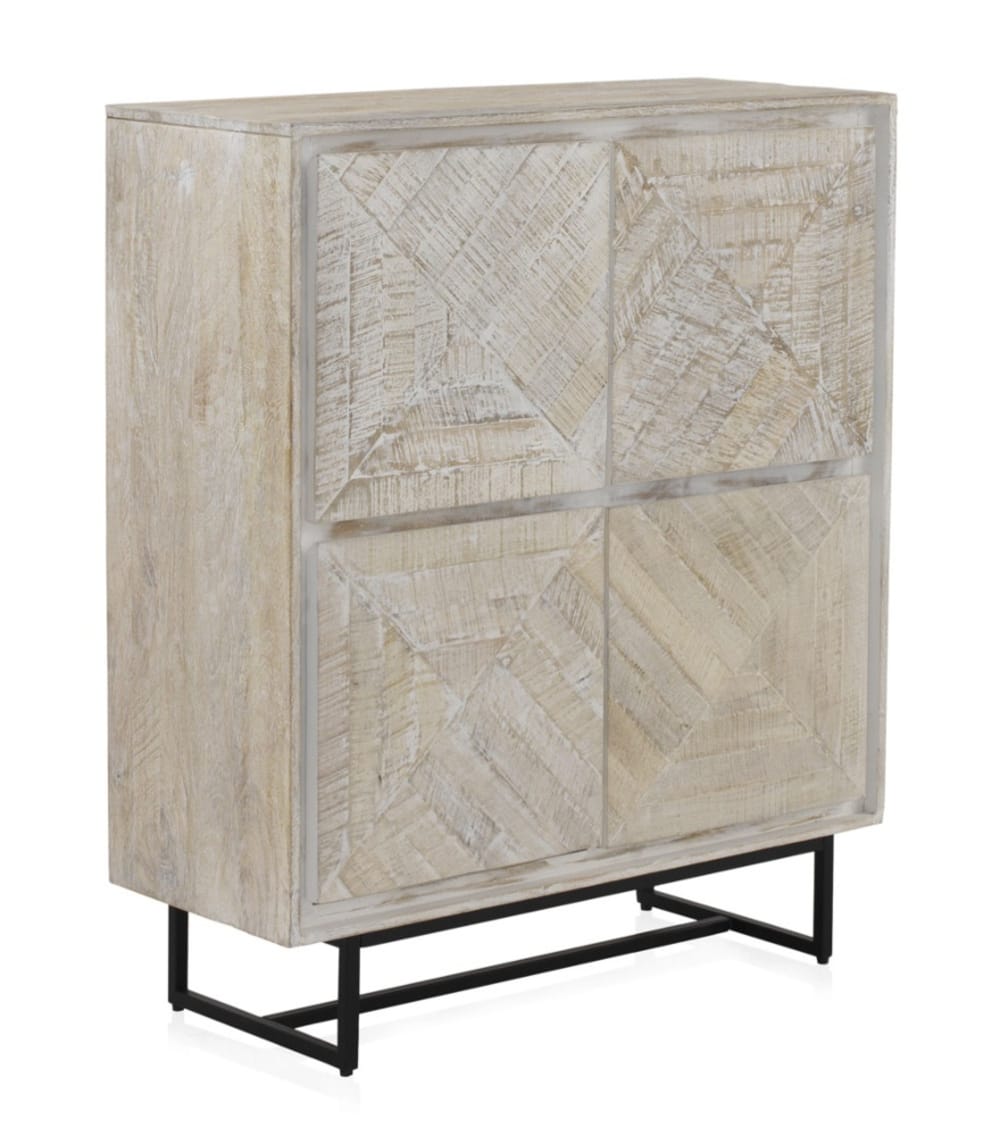 Buffet haut GEESE HOME en manguier massif patiné blanc 100 cm avec 4 portes gaufrées
