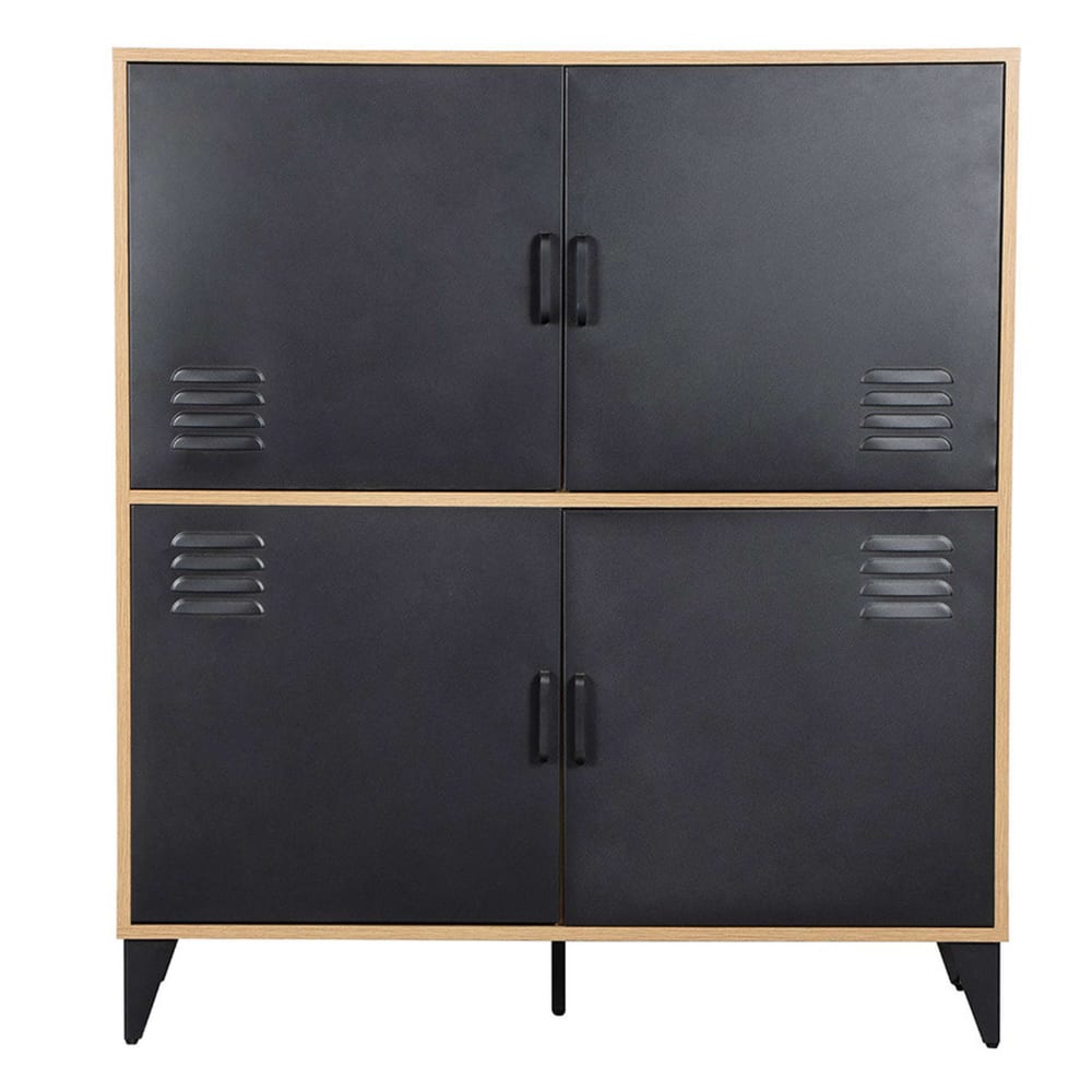 Buffet haut industriel TRIBECA effet bois et métal noir 100 cm avec 4 portes