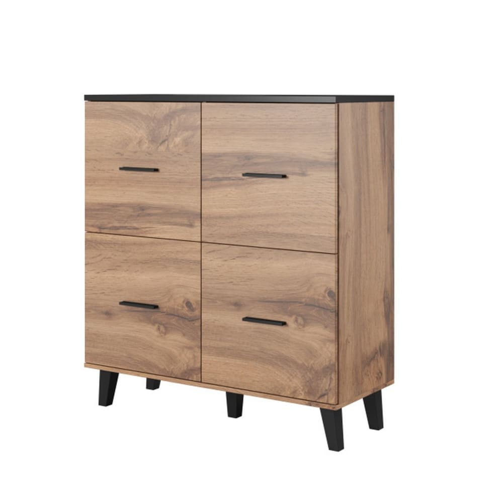 Buffet haut 4 portes décor chêne et noir mat 110 cm - COLIN