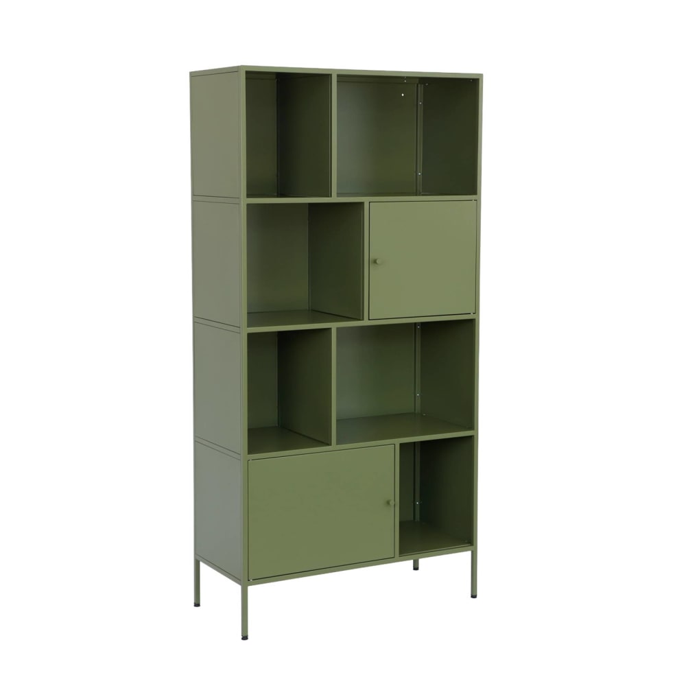 Grand buffet industriel OKLAHOMA en métal vert 160 cm à 8 compartiments