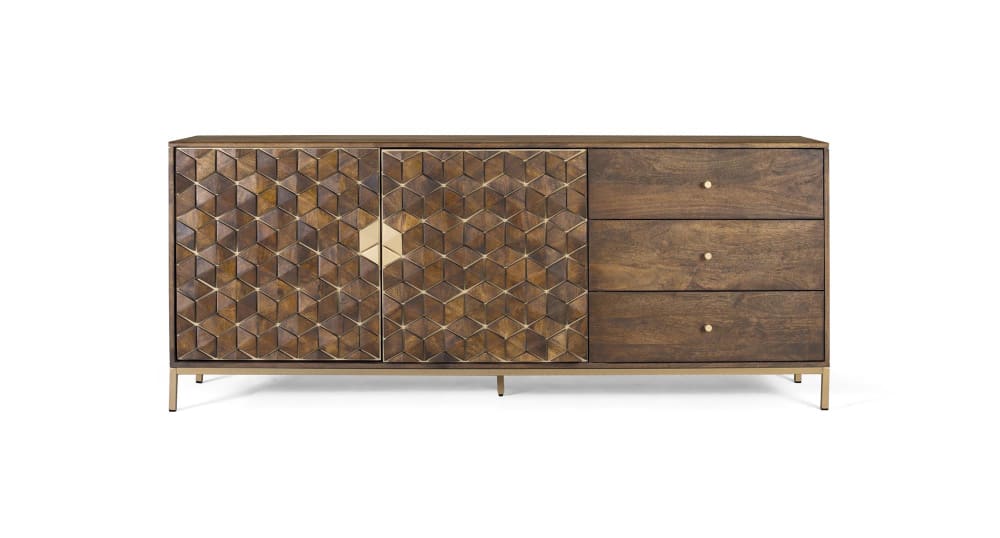 Grand buffet BORA BORA en manguier teinte noyer et doré 190 cm