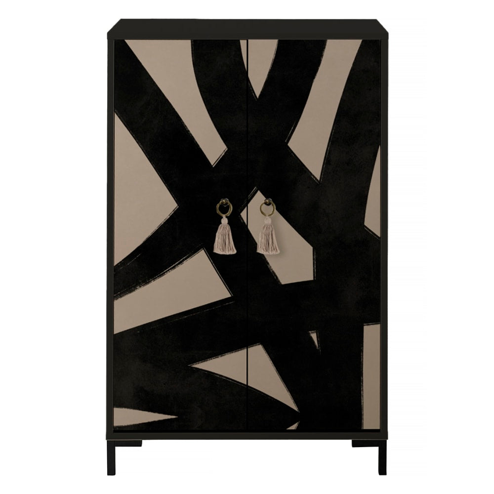 Buffet haut WALTER motif graphique noir et taupe 75 cm 2 portes