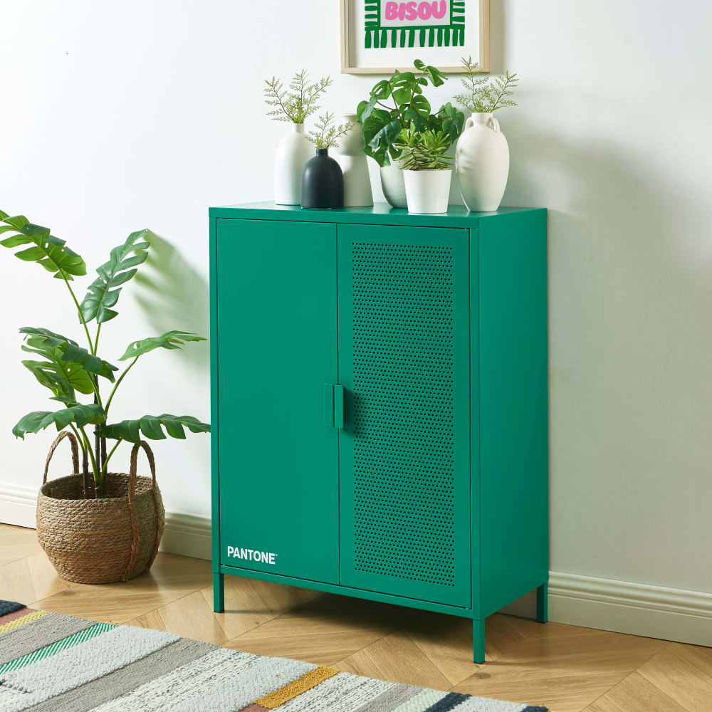 Détail de la finition métal émeraude du buffet PANTONE