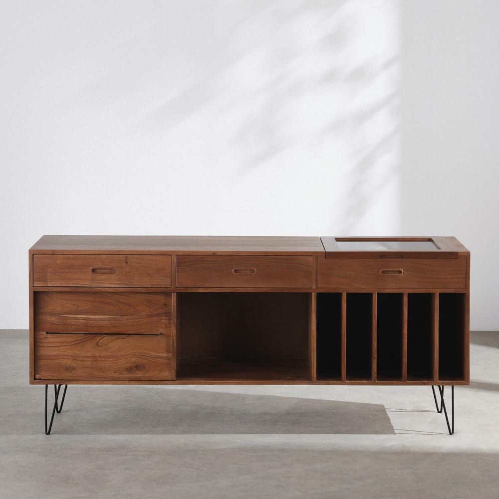 Buffet meuble à vinyles GIMMICK en acacia massif avec abattant vitré 165 cm