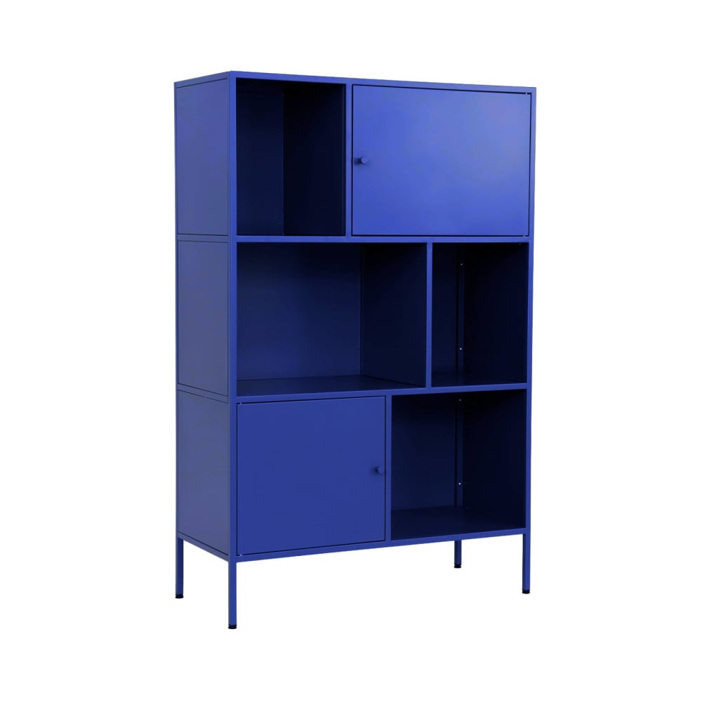 Buffet haut industriel OKLAHOMA en métal bleu 80 cm à 6 compartiments