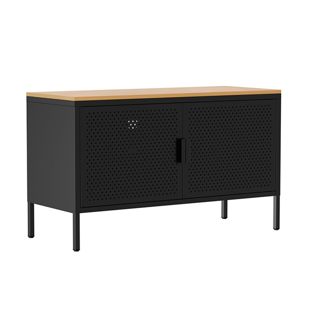 Petit buffet industriel PUNCHY en métal noir avec plateau bois 100 cm