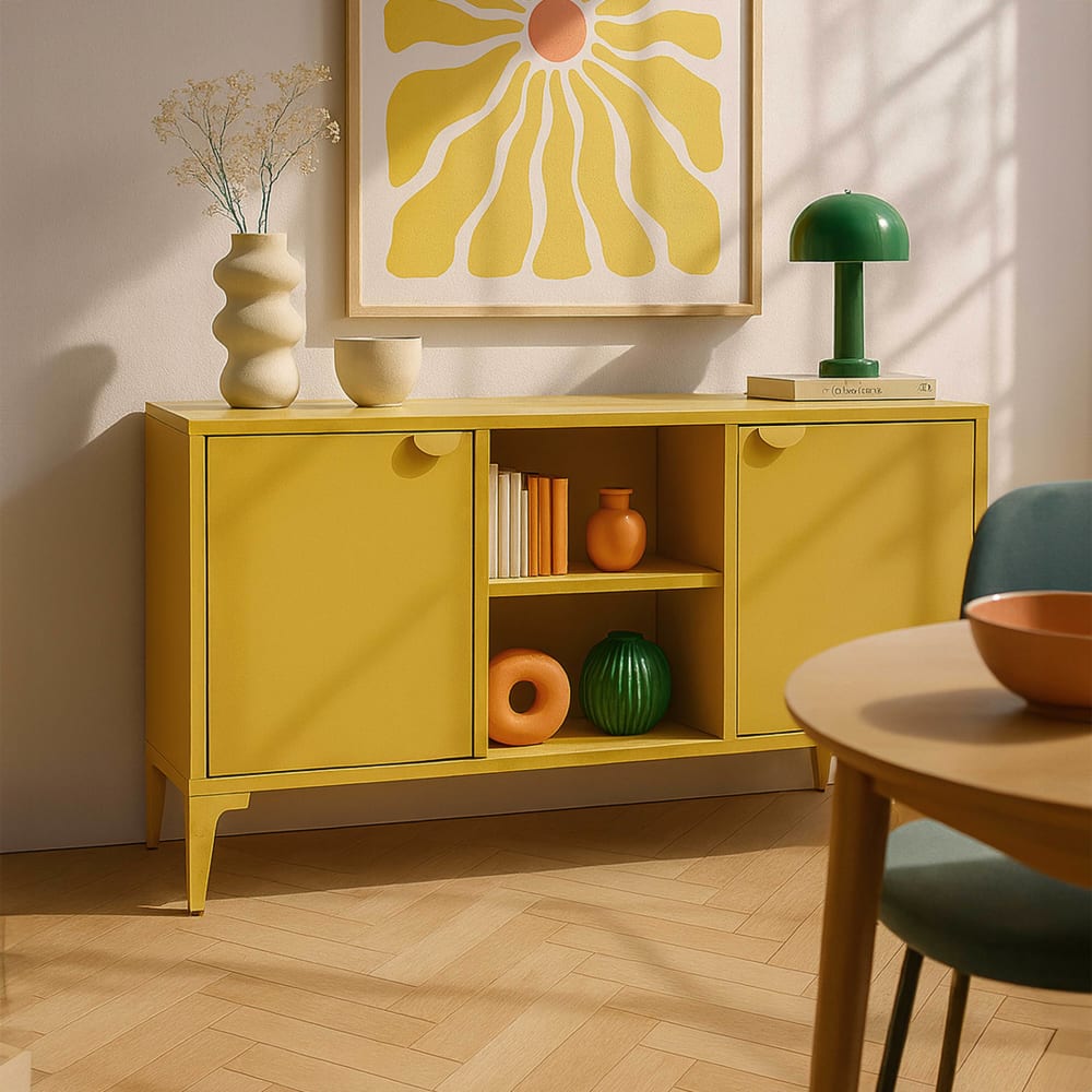 Détail de la finition jaune du buffet FUNKY