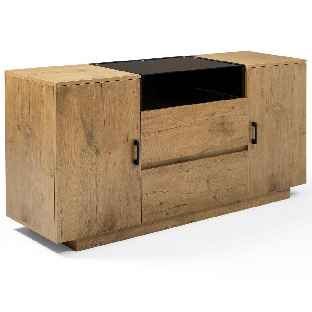 Buffet URBAN MEUBLE effet chêne naturel 140 cm avec niche et verre noir