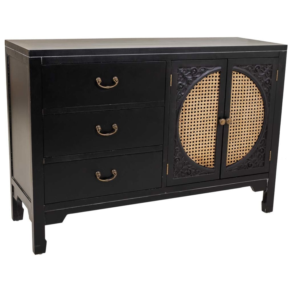 Buffet bas ALIKA noir 106 cm avec 2 portes en rotin et 3 tiroirs