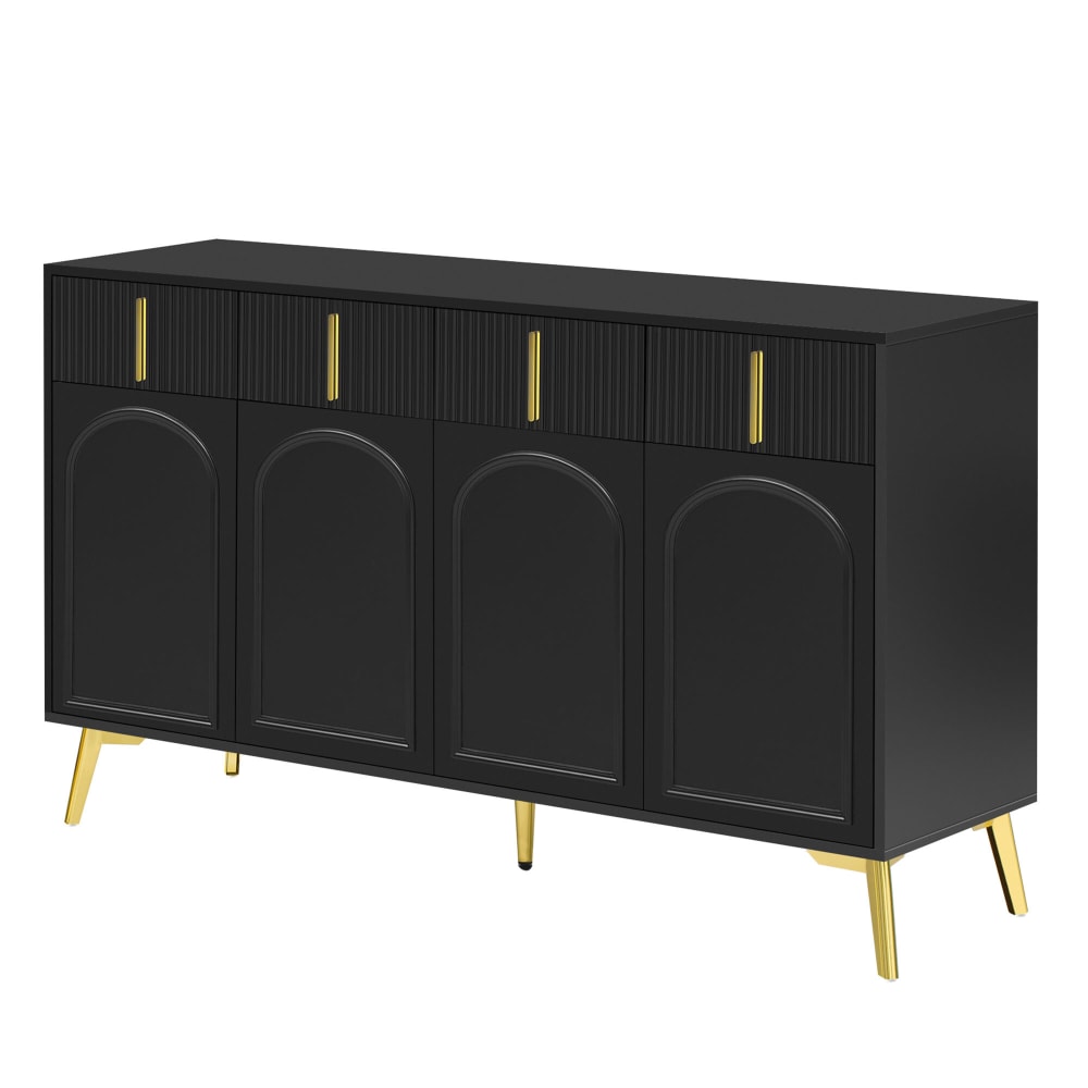 Buffet URBAN MEUBLE noir 140 cm avec 4 portes 4 tiroirs et détails dorés